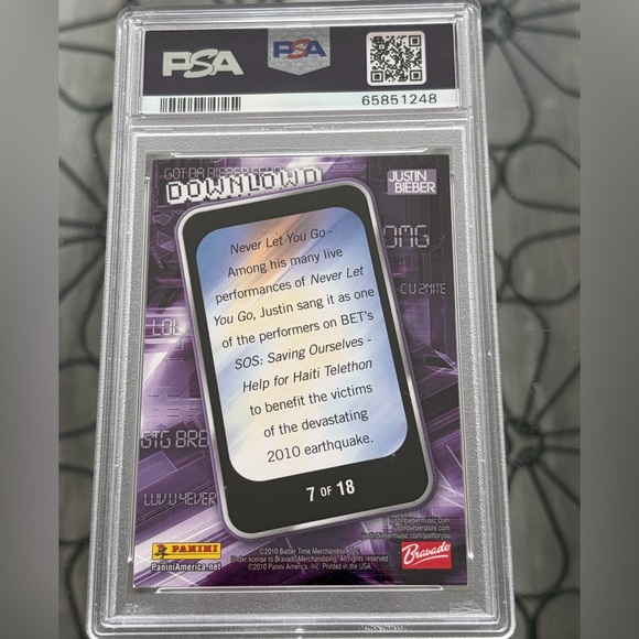 Justin Bieber 2010 Panini Download Rookie RC Music Card PSA Graded 9 POP 4 - Picture 2 of 3